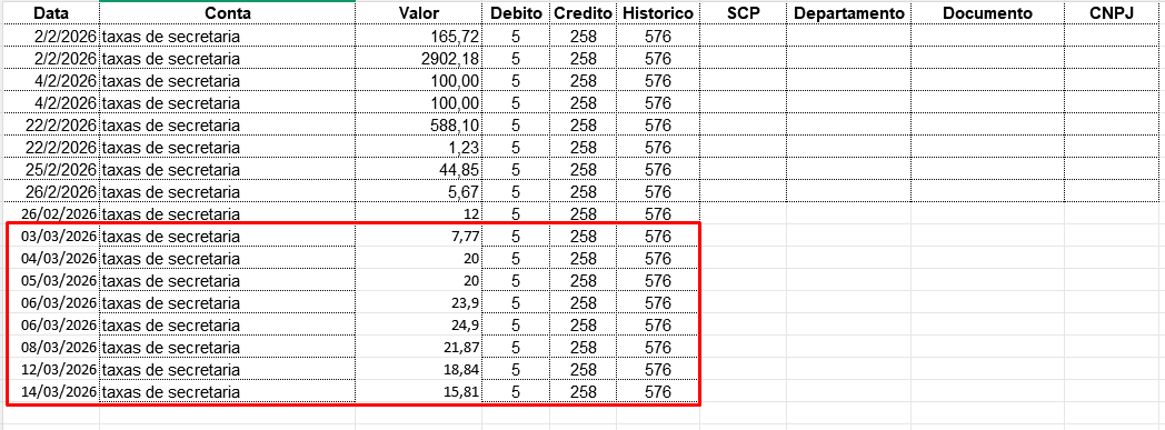 Planilha de Importação em excel com lançamentos contábeis de fevereiro e março, destacando em vermelho datas que exigem ajuste no Sistema Contábil Makro.