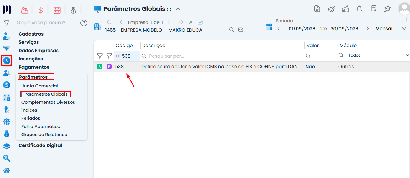 Tela de Parâmetros Globais do Sistema Contábil Makro, com o Parâmetro 538 destacado na listagem para configurar o abatimento do ICMS no PIS e COFINS.