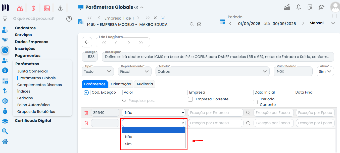 Tela do Sistema Contábil Makro com o Parâmetro 538 aberto, exibindo as opções Sim e Não para definir o abatimento do ICMS da base de PIS e COFINS.