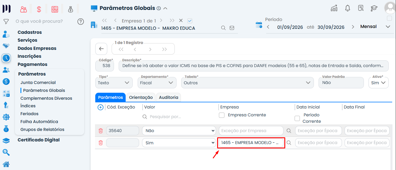 Tela do Sistema Contábil Makro com o Parâmetro 538 configurado como Sim e o campo Empresa destacado para selecionar onde aplicar o abatimento de ICMS.