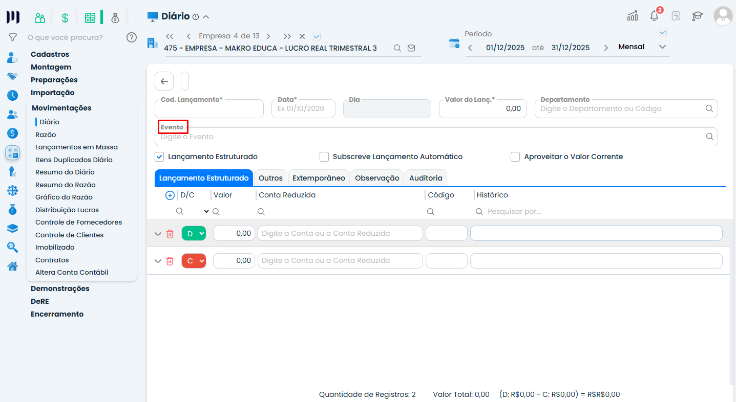 Tela do Sistema Contábil Makro com formulário de Lançamento Contábil aberto e campo Evento destacado em vermelho para selecionar a operação contábil.