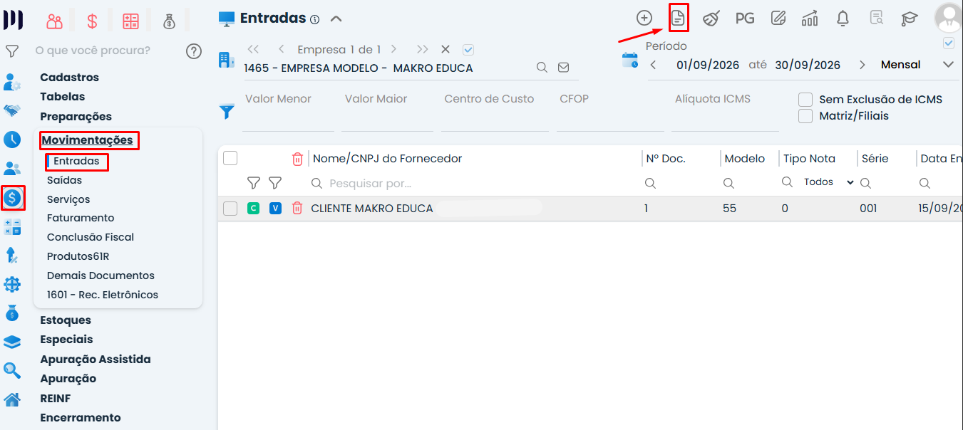 Tela do Sistema Contábil Makro com o menu Fiscal, a opção Entradas e o ícone de relatórios destacados para acessar Registro de Entradas - Detalhado.