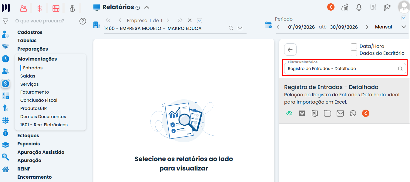 Tela do Sistema Contábil Makro com o campo de pesquisa destacado, exibindo Registro de Entradas - Detalhado e as opções de visualização e exportação.