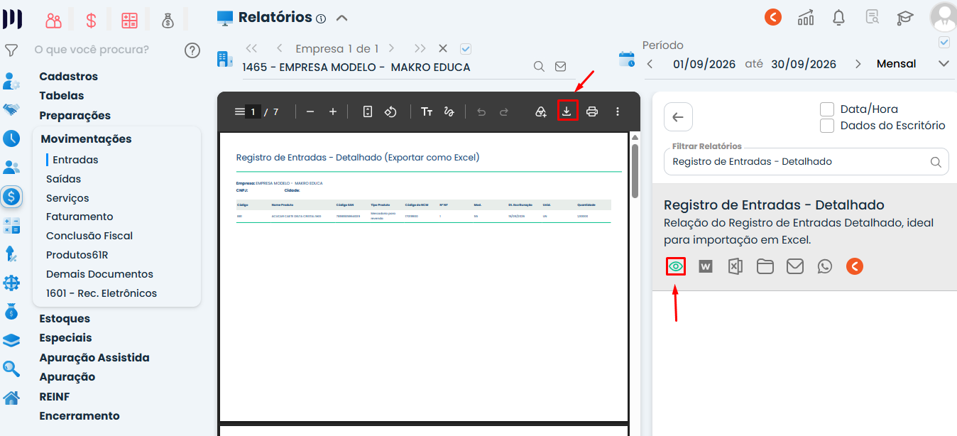 Tela do Sistema Contábil Makro com a prévia de Registro de Entradas - Detalhado, destacando os ícones para visualizar e baixar o relatório fiscal.