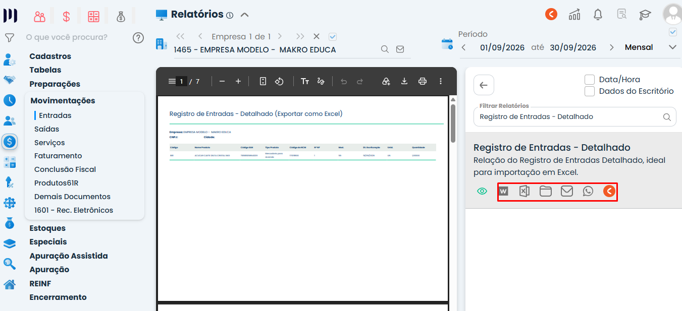 Tela do Sistema Contábil Makro com Registro de Entradas - Detalhado e os ícones destacados para exportar, enviar, compartilhar e salvar o relatório.