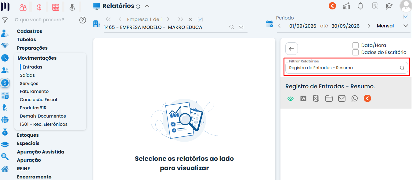 Tela do Sistema Contábil Makro com campo de pesquisa destacado, exibindo Registro de Entradas - Resumo e os ícones de ações disponíveis.