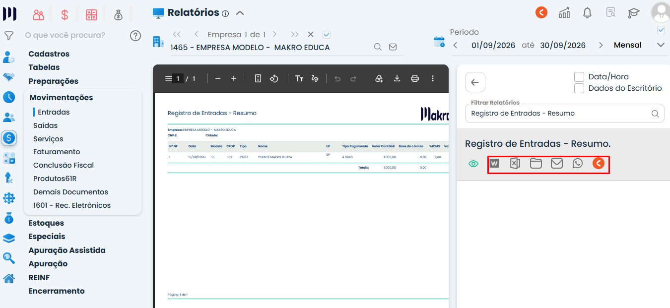 Tela do Sistema Contábil Makro com Registro de Entradas - Resumo aberto e opções destacadas para exportar, enviar e compartilhar o relatório.