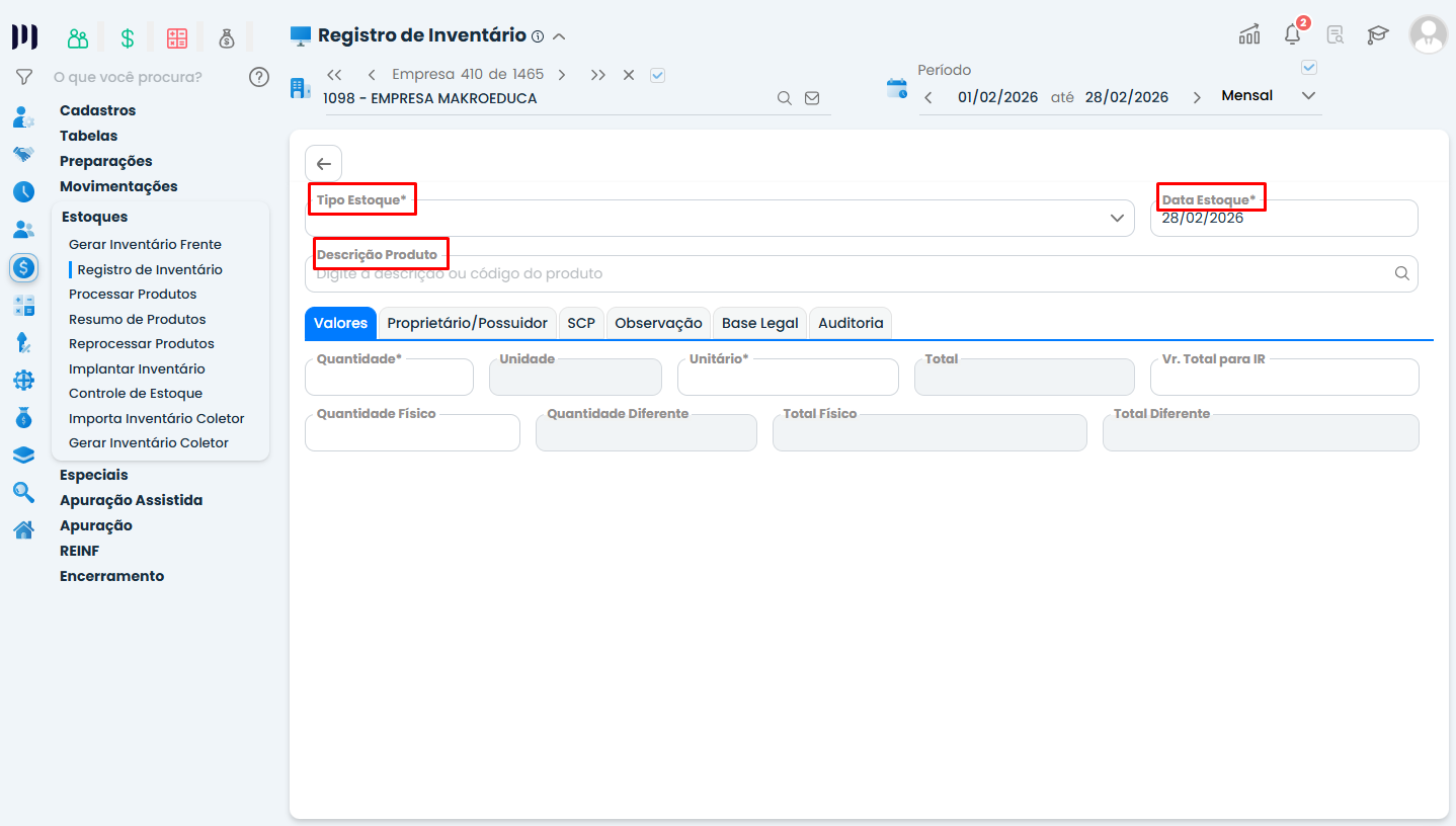Tela do Sistema Contábil Makro para Lançamento de Estoque, com campos destacados de tipo de estoque, data do inventário e descrição do produto.