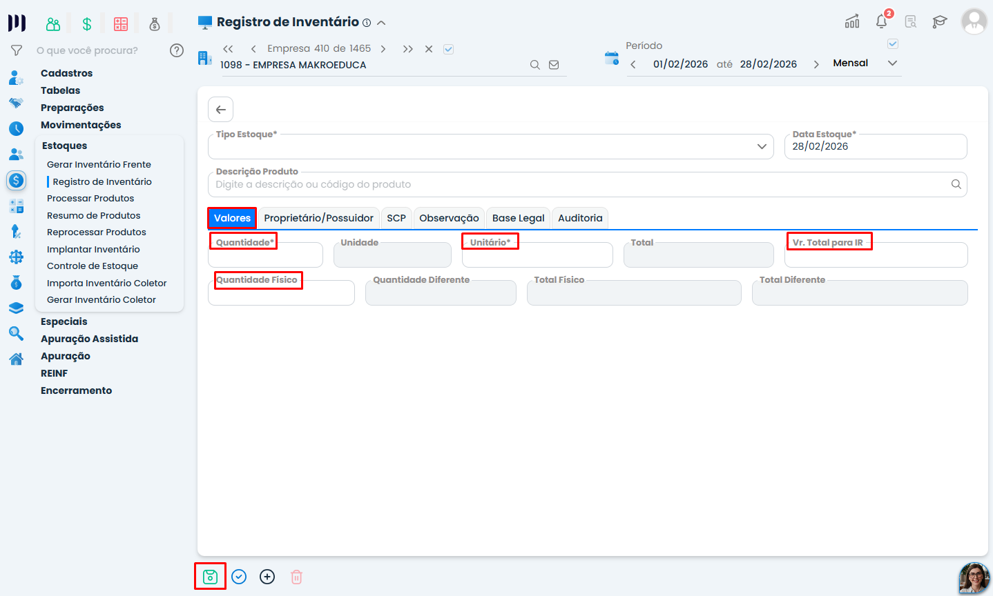 Tela do Sistema Contábil Makro para Lançamento de Estoque, com aba Valores e campos de quantidade, valor unitário, valor total para IR e quantidade física.