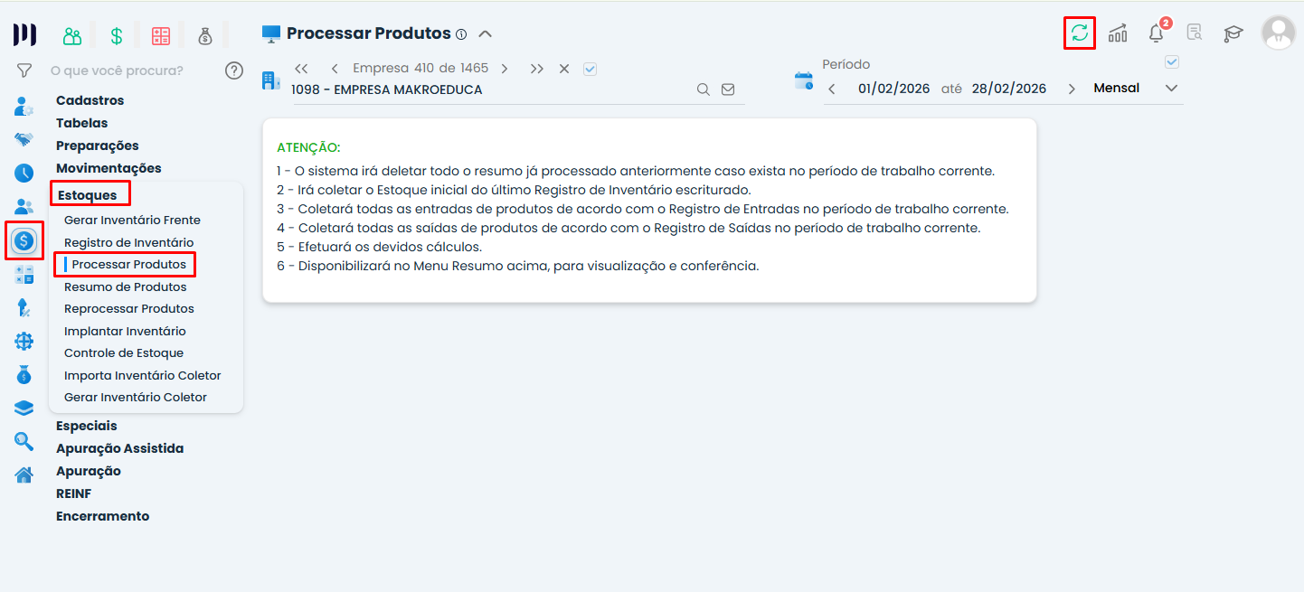 Tela do Sistema Contábil Makro com opção Processar Produtos destacada no menu Estoques e botão de processamento para Lançamento de Estoque.