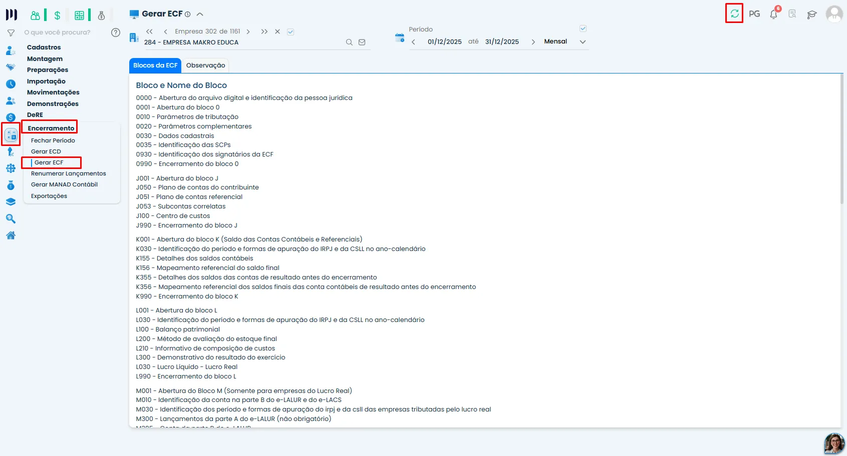 Tela do Sistema Contábil Makro na opção Gerar ECF, com blocos de escrituração e comando de atualização para gerar o Registro Q100 da empresa.