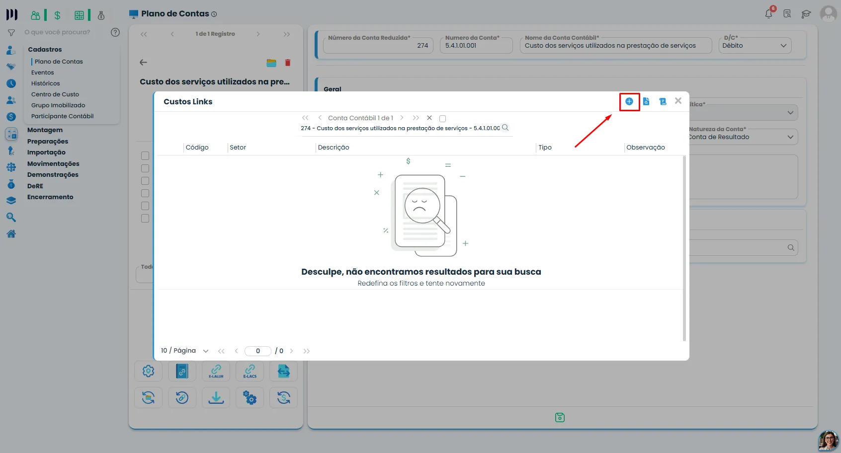 Janela Link Custos do Sistema Contábil Makro com botão de inclusão destacado para cadastrar novo vínculo e solucionar Erro na ECF.