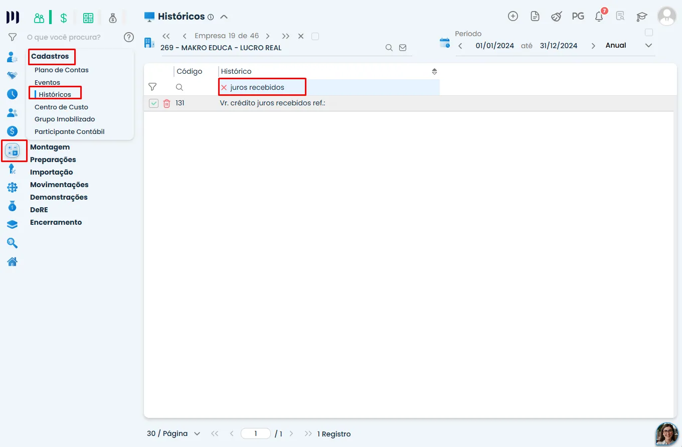 Tela de Históricos do Sistema Contábil Makro, com o registro de juros recebidos localizado na busca para configurar o Parâmetro 49.