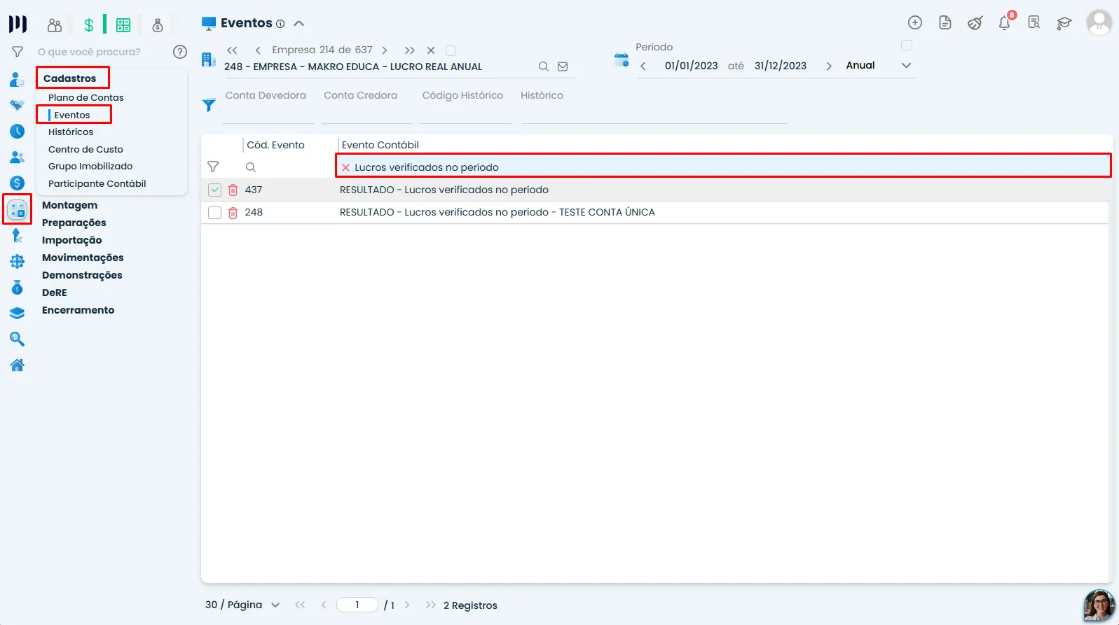 Tela do Sistema Contábil Makro com pesquisa do evento Lucros verificados no período, utilizado na configuração do Parâmetro 104 para contabilização.