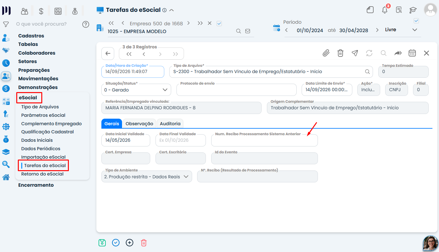 Tela de Tarefas do eSocial destaca o campo de recibo no Sistema Contábil Makro para ajustar o evento de Trabalhador sem vínculo com CPF.