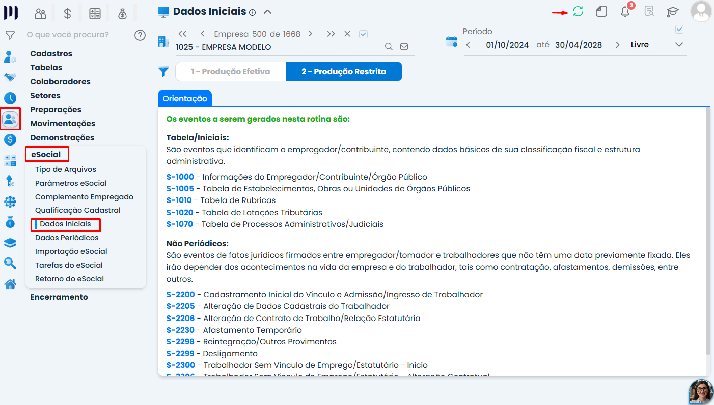 Tela de Dados Iniciais exibe eventos não periódicos no Sistema Contábil Makro para regularizar Trabalhador sem vínculo com CPF no eSocial.