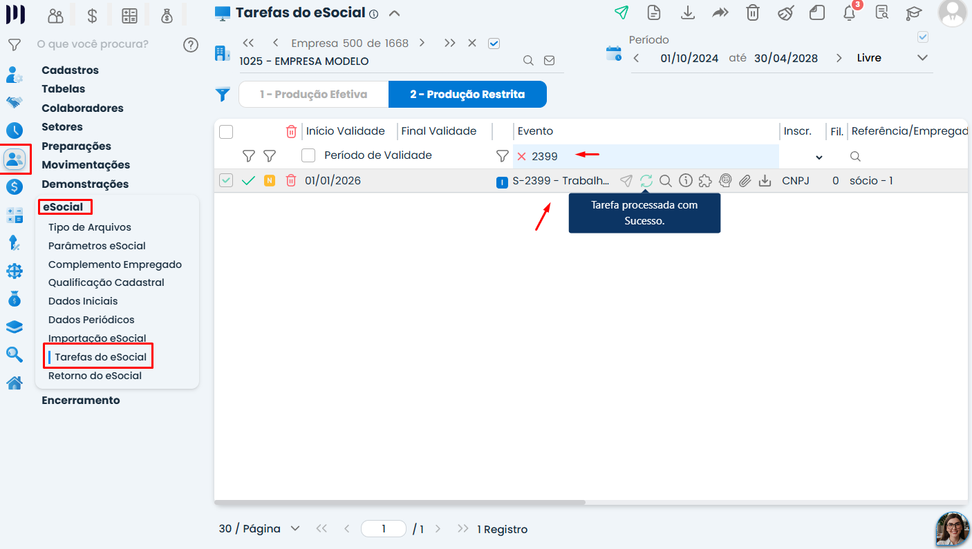 Lista de Tarefas do eSocial mostra evento S-2399 processado com sucesso no Sistema Contábil Makro para Trabalhador sem vínculo com CPF.