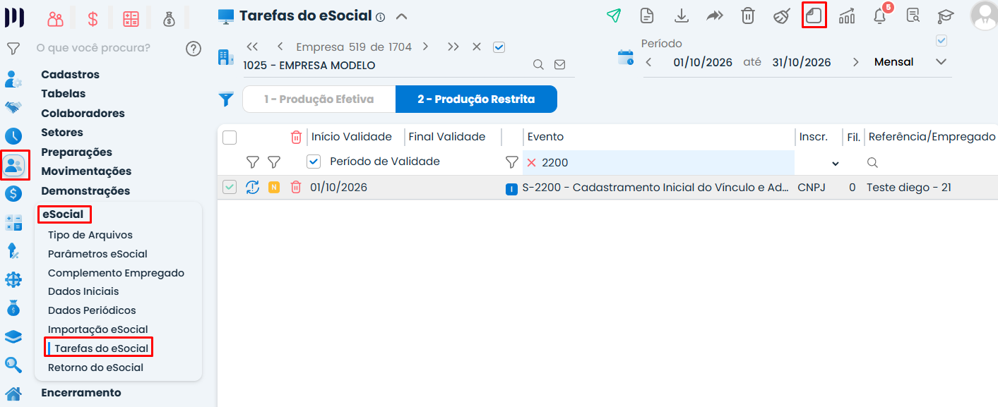 Tela do Sistema Contábil Makro mostrando o menu Tarefas do eSocial e os ícones de acesso para como enviar eventos para o eSocial na plataforma.