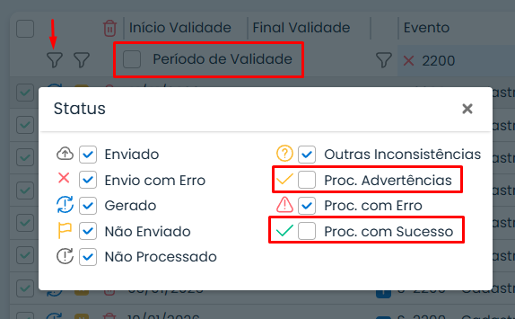 Janela de filtros do Sistema Contábil Makro com opções de status e período de validade destacadas para como enviar eventos para o eSocial.