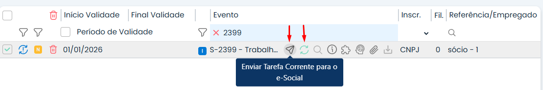 Tela do Sistema Contábil Makro com setas indicando os botões de envio e consulta de tarefas para como enviar eventos para o eSocial individualmente.