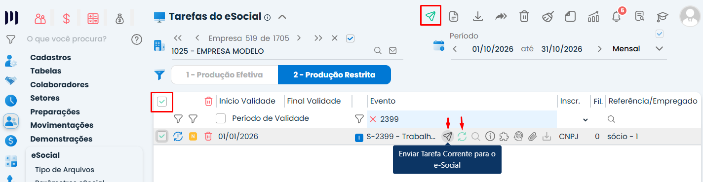 Interface do Sistema Contábil Makro com caixa de seleção e ícone de envio destacados, mostrando como enviar eventos para o eSocial em lote.