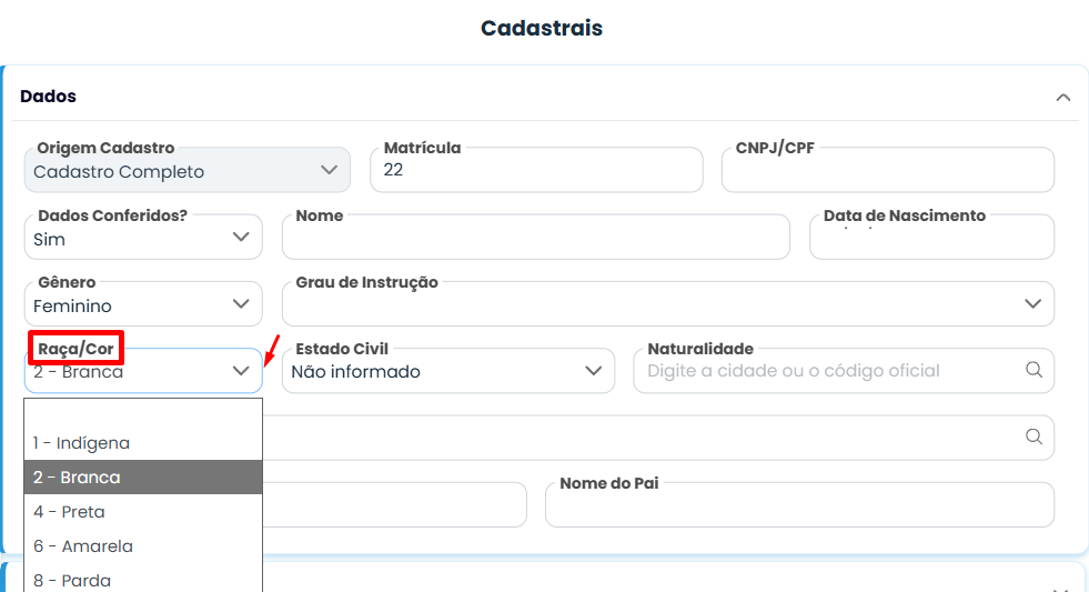 Tela de cadastro do Sistema Contábil Makro com campo Raça/Cor destacado e lista de opções aberta para corrigir o erro eSocial 1871.
