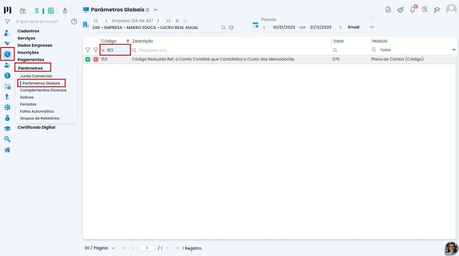 Tela do Sistema Contábil Makro com acesso aos Parâmetros Globais e filtro de pesquisa para localizar o Parâmetro 153 na lista de configurações.