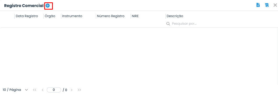 Tela do Sistema Contábil Makro com a janela Registro Comercial aberta e destaque no botão de inclusão para iniciar o Cadastro do NIRE.