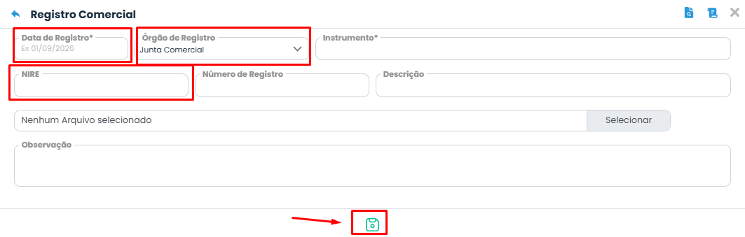Tela do Sistema Contábil Makro com campos de data, órgão de registro e NIRE destacados em vermelho, além do botão para salvar o Cadastro do NIRE.