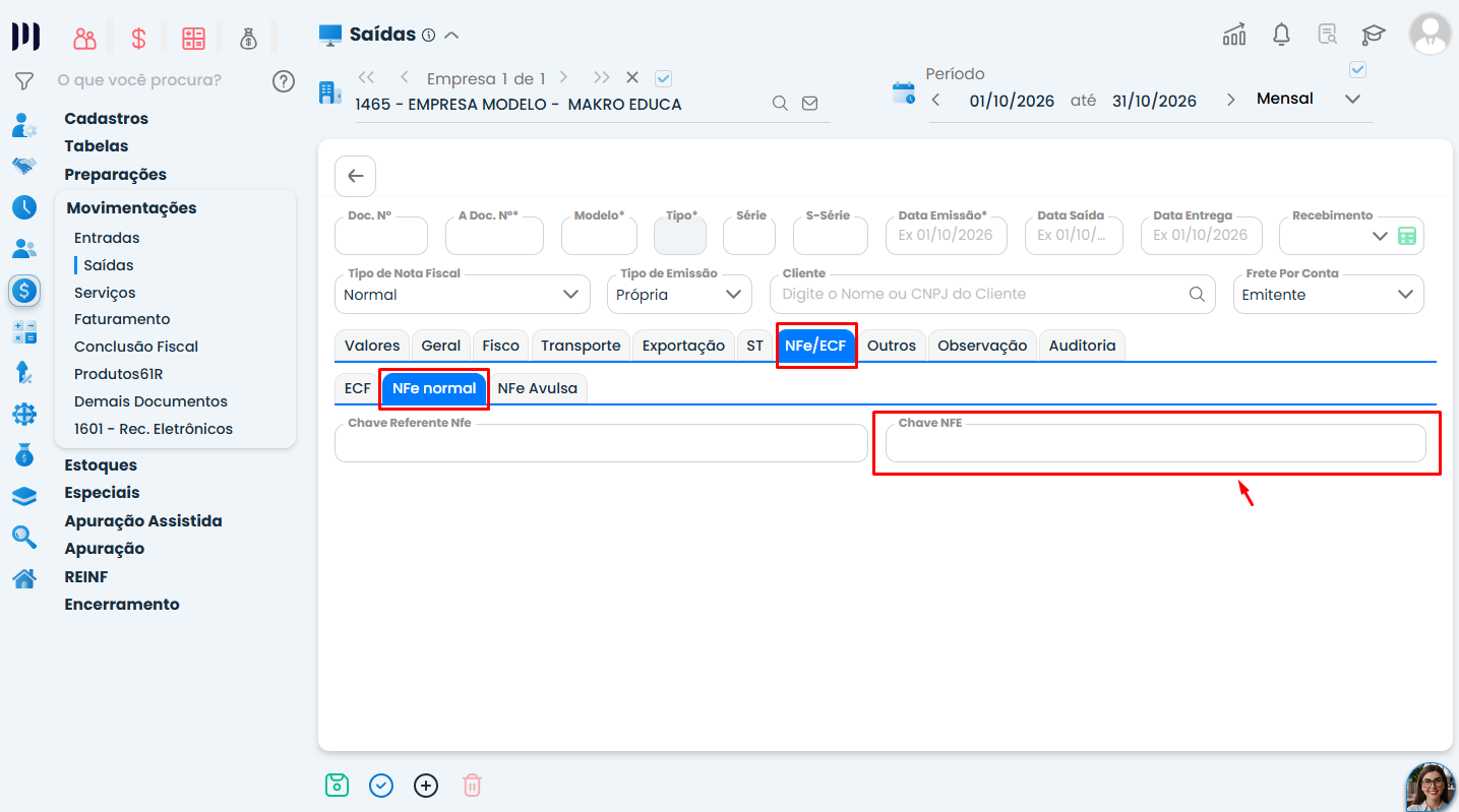 Tela do Sistema Contábil Makro na aba NFe/ECF, com NFe Normal e campo Chave NFE destacados para a Nota Fiscal Normal Extemporânea.