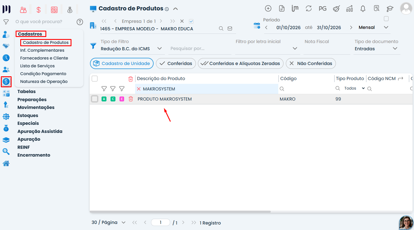 Tela do Sistema Contábil Makro com menu Cadastros e Cadastro de Produtos destacados para iniciar o Lançamento Informativo de IBS e CBS.