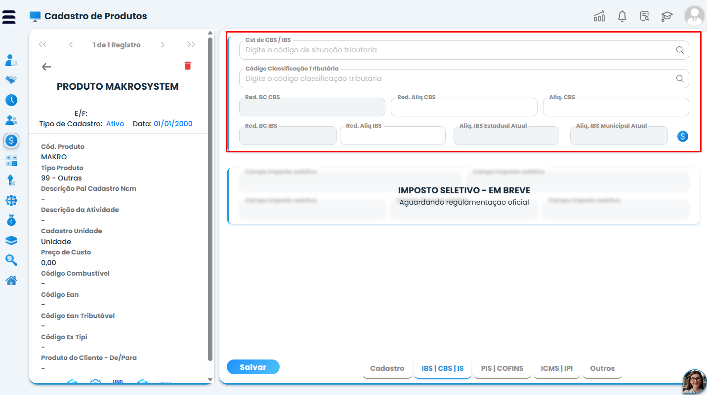 Tela do Sistema Contábil Makro com campos de CST, classificação tributária e alíquotas destacados para o Lançamento Informativo de IBS e CBS.