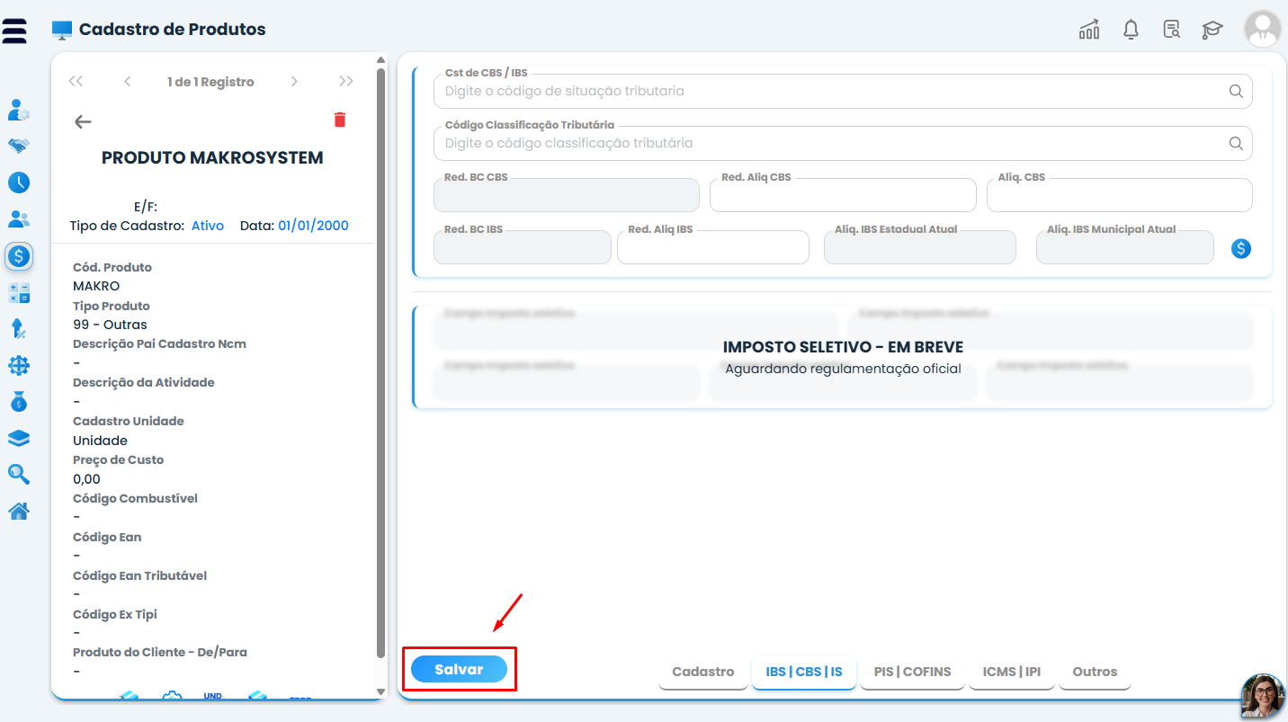 Tela do Sistema Contábil Makro com botão Salvar destacado em vermelho para concluir o Lançamento Informativo de IBS e CBS no cadastro de produtos.