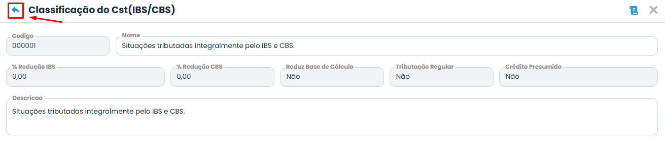 Tela do Sistema Contábil Makro com seta de retorno destacada no detalhamento da Tabela de Classificação do CST, permitindo voltar à lista de cClassTrib.