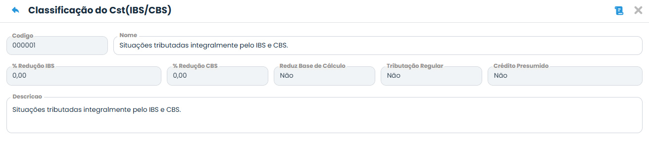 Tela do Sistema Contábil Makro com detalhes da Tabela de Classificação do CST, incluindo código, nome, reduções de IBS/CBS e descrição tributária.