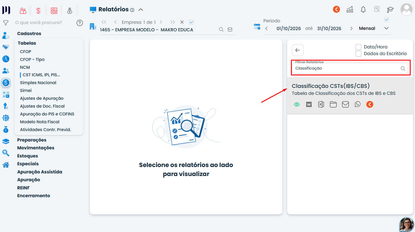 Tela do Sistema Contábil Makro com filtro de pesquisa destacado para localizar o Relatório da Tabela de Classificação CSTs na lista de relatórios.