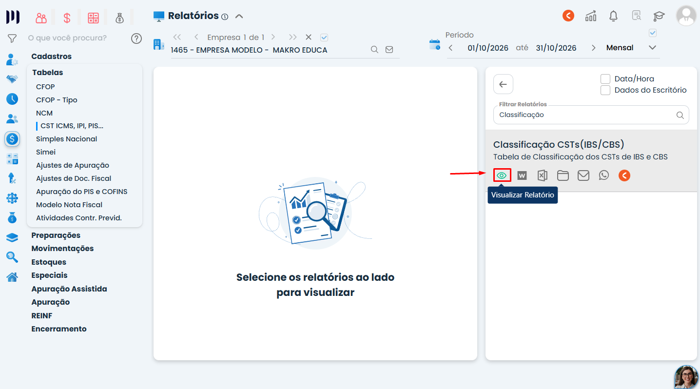 Tela do Sistema Contábil Makro com ícone de olho verde destacado para visualizar o Relatório da Tabela de Classificação CSTs de IBS e CBS.