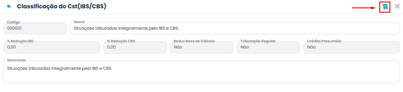 Tela do Sistema Contábil Makro com detalhes da classificação cClassTrib e ícone destacado para acessar o Relatório da Tabela de Classificação CSTs.