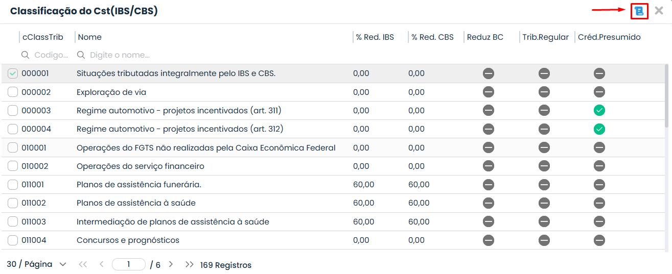 Tela do Sistema Contábil Makro com códigos cClassTrib de IBS e CBS e ícone destacado para abrir o Relatório da Tabela de Classificação CSTs.