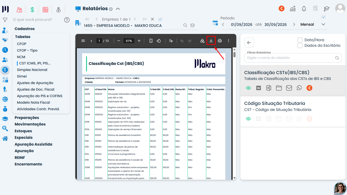 Tela do Sistema Contábil Makro com prévia do Relatório da Tabela de Classificação CSTs e botão de download destacado na barra superior.