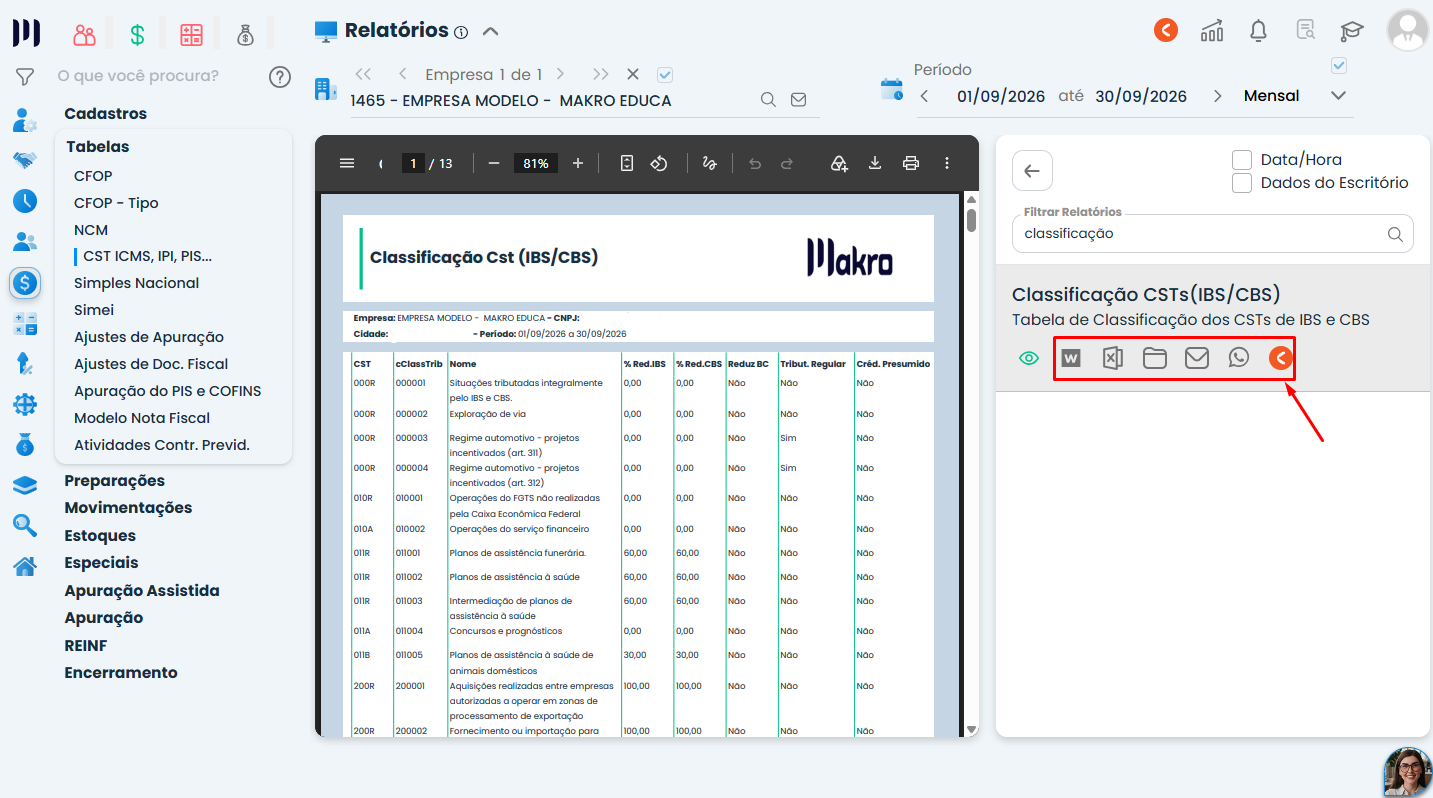 Tela do Sistema Contábil Makro com Relatório da Tabela de Classificação CSTs aberto e ícones de exportação e compartilhamento destacados.