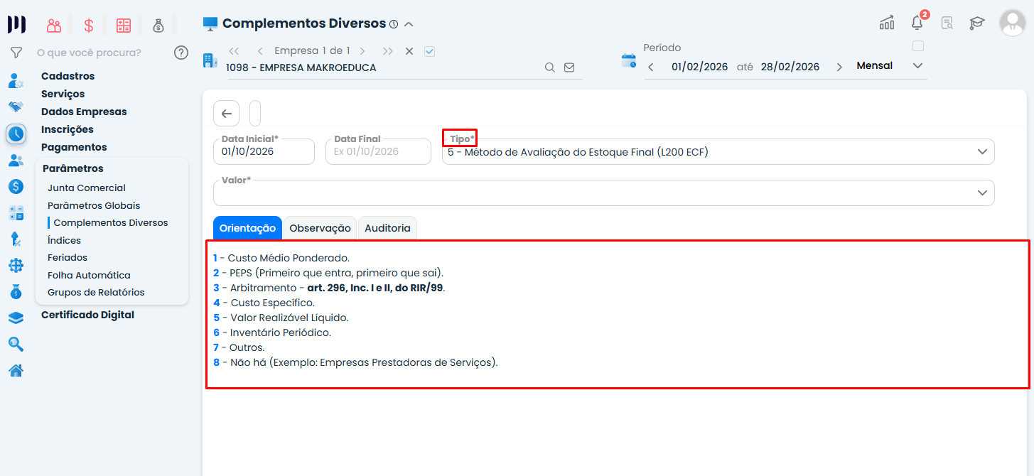 Tela de Complementos Diversos do Departamento Contábil no Sistema Contábil Makro, com método de avaliação do estoque final e lista de opções destacada.