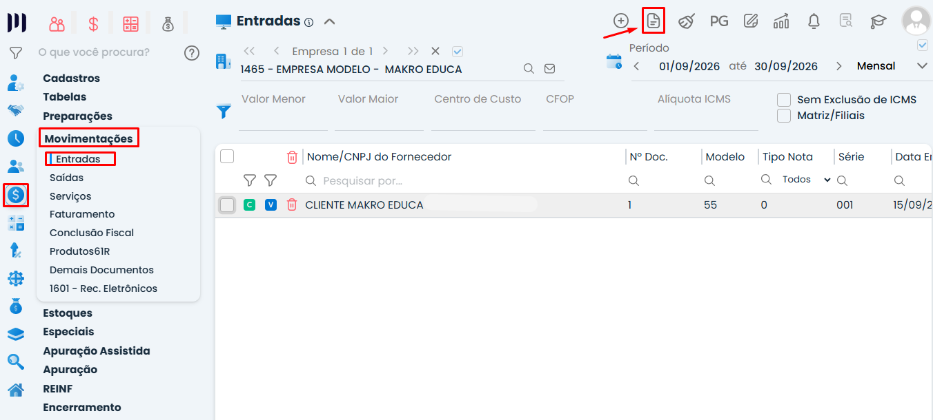 Tela do sistema contábil makrosystem, para Geração do Relatório Registro de Entradas.