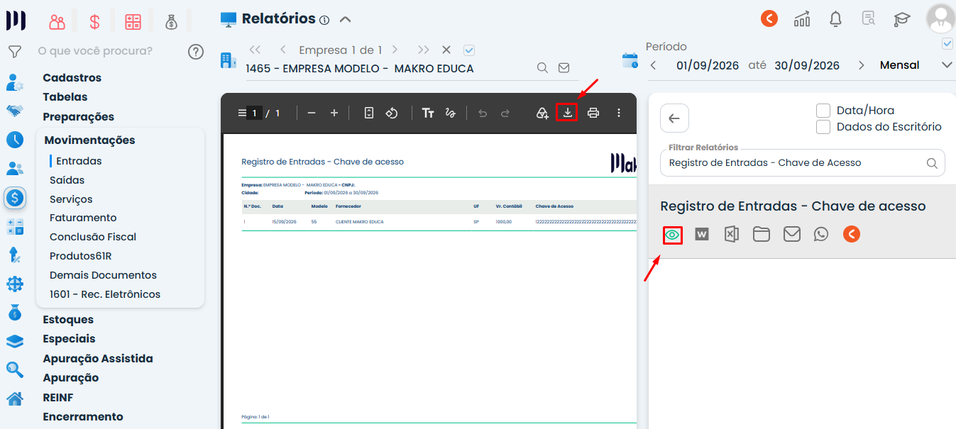 Tela do programa contábil makrosystem em no relatório "Geração do Relatório Registro de Entradas - Chave de Acesso"