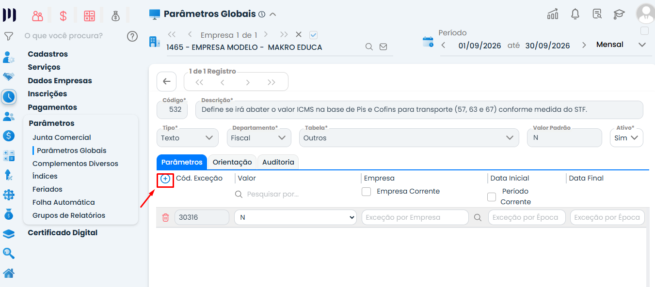 Tela do Sistema Contábil Makro exibindo o Parâmetro 532 aberto, com destaque no ícone azul de adicionar uma nova linha para configurar o abatimento do ICMS.