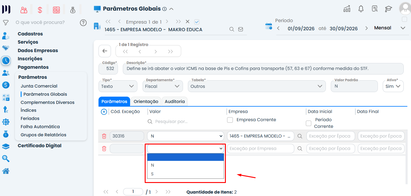 Tela do Sistema Contábil Makro mostrando o Parâmetro 532 com o campo Valor expandido, destacando as opções N e S para configurar o abatimento do ICMS.