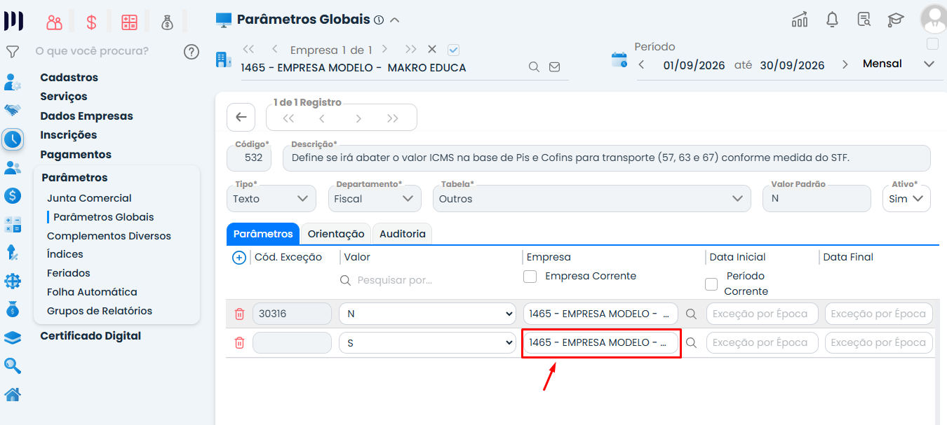Tela do Sistema Contábil Makro com o Parâmetro 532 configurado com valor S e o campo Empresa destacado em vermelho para definir a aplicação do abatimento.