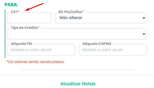 Formulário do Sistema Contábil Makro com campo PARA e CST destacado por seta vermelha para configurar PIS e COFINS nas Notas Fiscais.