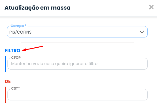 Formulário do Sistema Contábil Makro com filtro CFOP destacado por seta vermelha para configurar PIS e COFINS nas Notas Fiscais.
