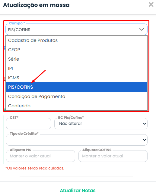Janela do Sistema Contábil Makro com lista suspensa e opção PIS/COFINS destacada em azul para atualizar PIS e COFINS nas Notas Fiscais.